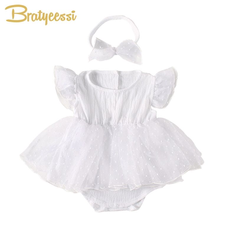 New Ruffles Baby Romper Dress with Headband Cotton Dot White Christening Dress for Baby Girl 1st Tutu Birthday Party Dress