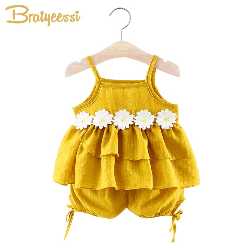 Sweet Baby Girl Clothes Summer Tank Tops with Flower + Shorts Baby Girl Outfit Infant Clothing Set 2 PCS Cotton Kids Clothes