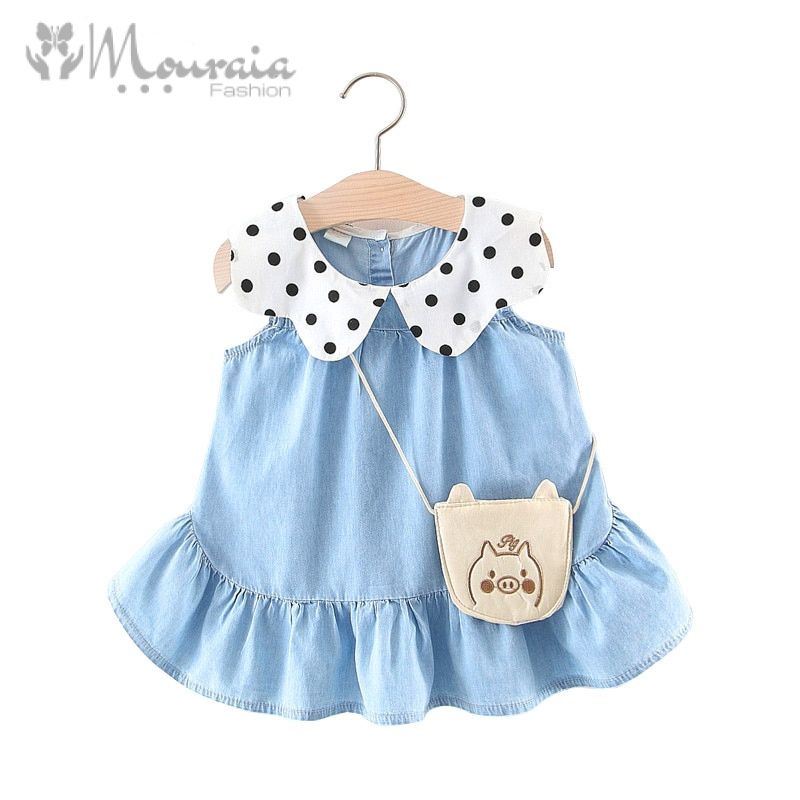 Casual Denim Baby Dress for Girls with Bag Kids Dresses Baby Girl Clothes A-Line Ruffles Cotton Baby Dresses Infant Dress