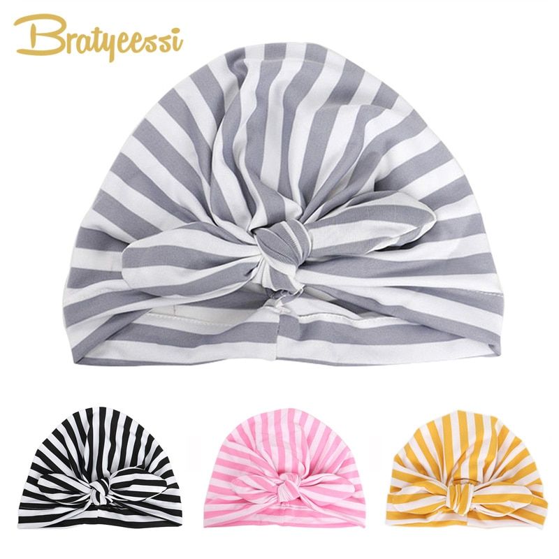 Fashion Striped Baby Hat with Bow Multicolor Elastic Infant Baby Beanie Beach Turban Cap Accessories