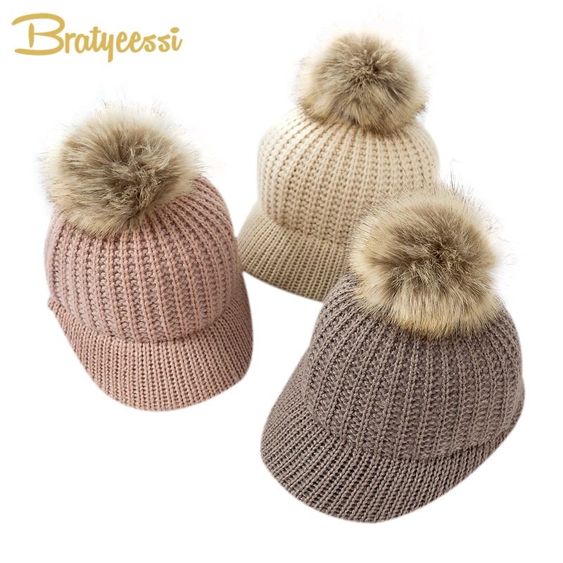 Fashion Knitted Baby Hat Pompom Winter Cap for Kids Adjustable Solid Baby Winter Hat Accessories Children Cap for 2-5 Years 1PC