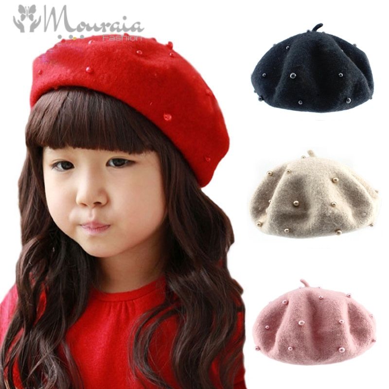 Fashion Wool Baby Hats with Pearls Candy Color Retro Baby Girl Beret Cap for 3-8 Years 1PC